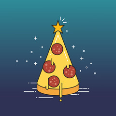 Pizza Christmas tree with star on top. Flat design vector illustration.