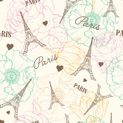 Fototapeta na wymiar Vector Eifel Tower Paris Seamless Pattern In Vintage Style With Beautiful, Romantic Pastel Flowers. Perfect for travel themed postcards, greeting cards, wedding invitations. Repeat design.