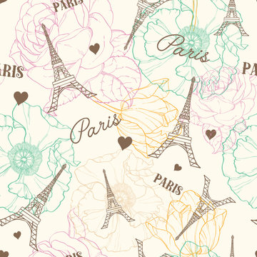 Vector Eifel Tower Paris Seamless Pattern In Vintage Style With Beautiful, Romantic Pastel Flowers. Perfect for travel themed postcards, greeting cards, wedding invitations. Repeat design.