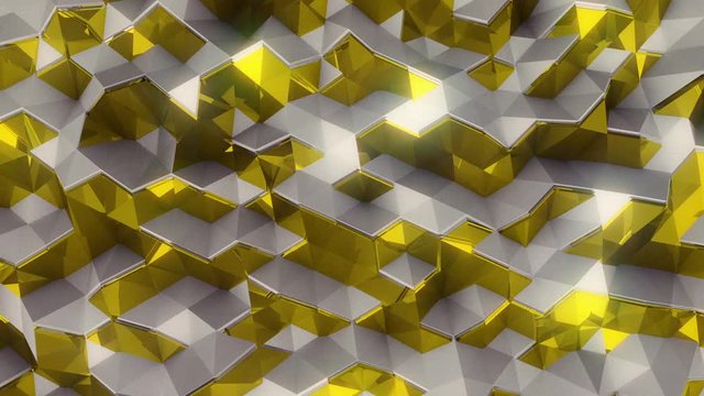 Bright Crystal Facets Loop 1C: dynamic light silver aluminum landscape of hypnotizing sharp gold yellow polygons pulsating and flashing, FullHD and seamlessly loop-able