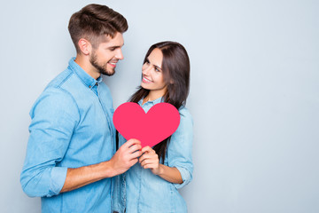 Two lovers holding paper heart on gray background