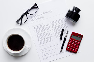 signing of agreement top view on white background