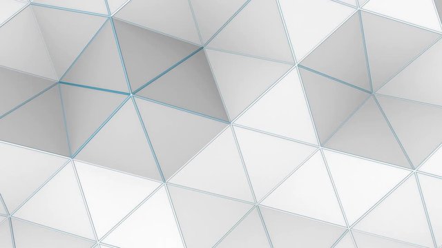 Low Poly Abstract Loop 1A: clean, modern, 3D soft moving triangles; white abstract polygon geometric backdrop with cool blue wireframe edge accents, UltraHD and FullHD and seamlessly loop-able 