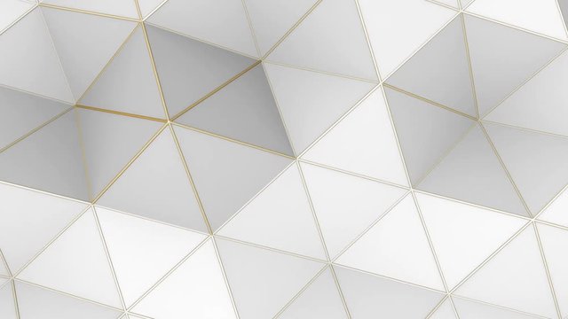 Low Poly Abstract Loop 1B: clean, modern, 3D soft moving triangles; white abstract polygon geometric backdrop with gold yellow wire-frame edge accents, UltraHD and FullHD and seamlessly loop-able 