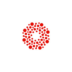 Abstract circle logotype. Unusual dotted round isolated chem logo. Virus icon. Red sun. Flower symbol. Spiral sign.Vector illustration.