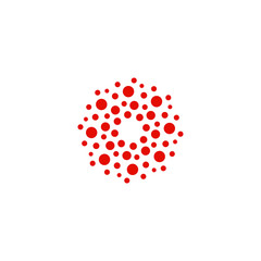 Abstract circle logotype. Unusual dotted round isolated chem logo. Virus icon. Red sun. Flower symbol. Spiral sign.Vector illustration.