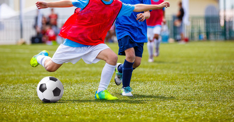 Naklejka premium Young Boys Kicking Soccer Ball on Green Grass Pitch. Football School Tournament For Kids. Players in Red and Blue Jersey Shirts Fighting For Ball