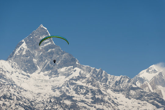 A paraglider hangs in the air with the dramatic peak of Machapuchare (Fishtail mountain) in the distance, Himalayas, Nepal