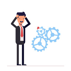 Man in business suit discovered damage to the mechanism gears. Businessman found an error. Scared manager kept hands behind his head. Vector, illustration EPS10.