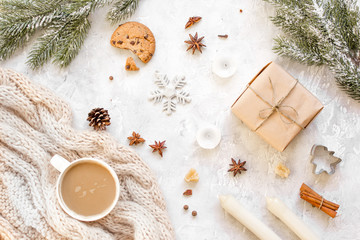 Christmas evening with cup of cocoa white background top view