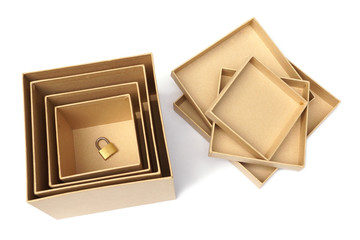 A padlock in secret boxes / Puzzle and hidden secret concept