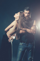 bearded biker man and naked girl