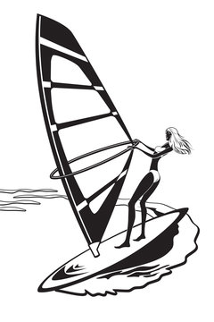 Female windsurfer in the sea - vector illustration