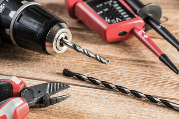 Carpentry tools on wooden surface