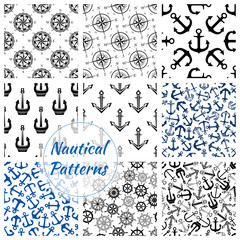 Nautical anchor, helm, compass seamless pattern