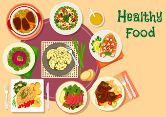 Meat and salad dishes icon for healthy food design