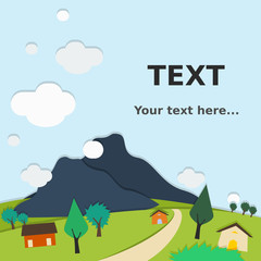 Paper-like Style Village for Text Background | Editable countryside flat vector illustration