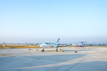 Two of Small Airplane or Aeroplane Parked at Airport.Small Airplane Famous to use Private Airplane.Mountain View.