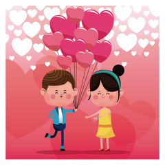 couple loving pink balloons rain heart background vector illustration eps 10