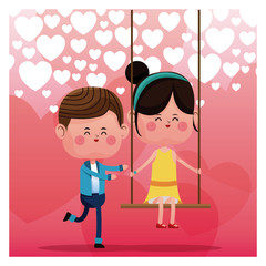 lovely boy pushing girl swing happy heart background vector illustration eps 10