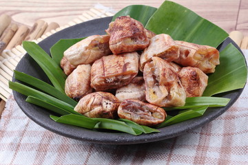 Close up Thai roasted banana with sweet sauce
