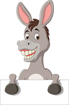 Cartoon funny donkey holding blank sign


