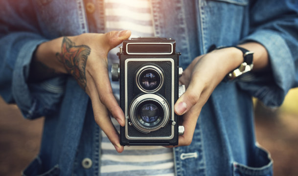 Vintage Camera Photographer Focus Shooting Concept