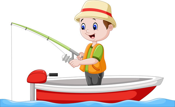 Cartoon boy fishing on a boat

