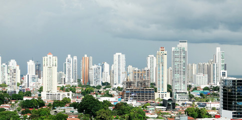 Fototapeta na wymiar PANAMA CITY-PANAMA-DEC 8, 2016: View of the modern skyline of Panama City with all its high rise towers in the heart of downtown 