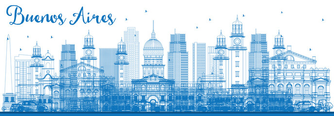Outline Buenos Aires Skyline with Blue Landmarks. - obrazy, fototapety, plakaty
