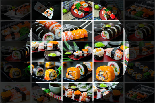 Collage picture of sushi set in Japanese dish with shoyu Sauce a