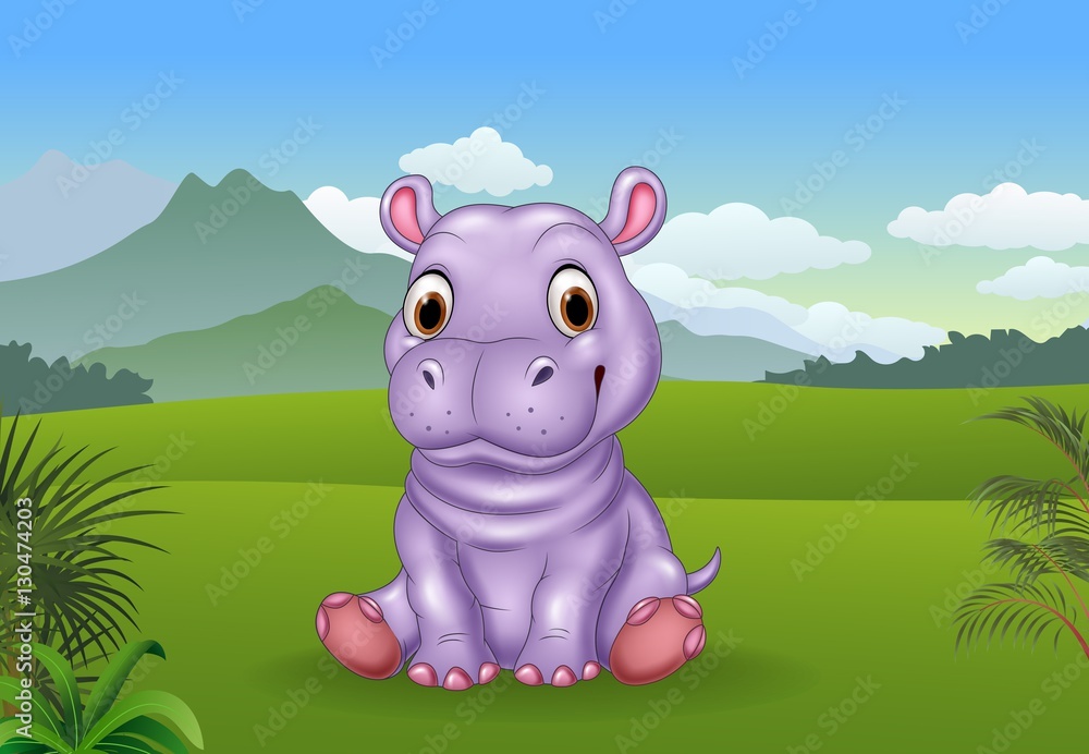 Poster Cartoon funny baby hippo sitting

