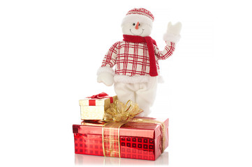 Snowman with gift box isolated on white background