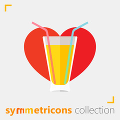 Glass of juice with two drinking straws on heart background vector icon for web and mobile from symmetricons collection