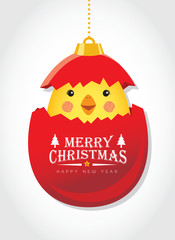 Merry Christmas & Happy New Year 2017 of cute chick with christmas ball isolated on white background. Christmas & New Year decoration element. Vector illustration.
