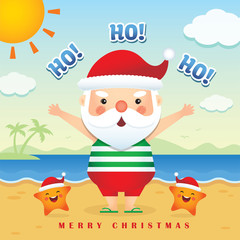 Merry Christmas greetings of cute cartoon santa claus wearing tank top, short pants & slipper together with cute starfish on beach background. Summer Christmas vector illustration. Happy holiday.