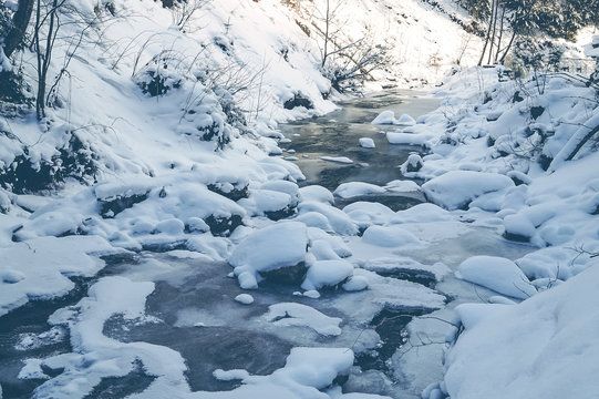 Замёрзший водный поток. Зима в лесу