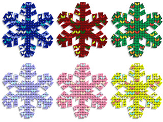 Set of snowflakes made of knitted texture pattern. 6 pieces different colors. Vector illustration.