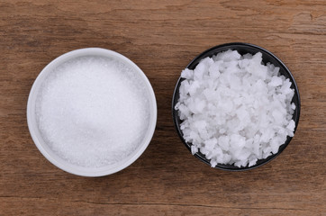Salt and sugar on a wooden
