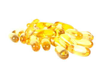 Cod liver oil omega 3 gel capsules isolated on white background
