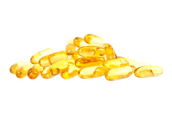 Cod liver oil omega 3 gel capsules isolated on white background