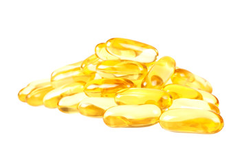 Cod liver oil omega 3 gel capsules isolated on white background