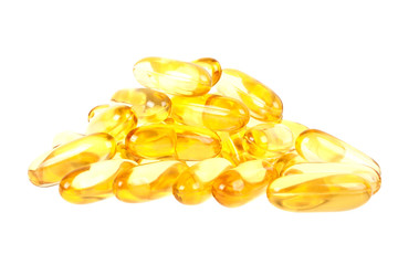 Cod liver oil omega 3 gel capsules isolated on white background