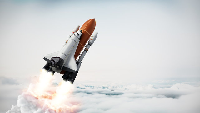 Rocket carrying space shuttle launches off. 3D illustration
