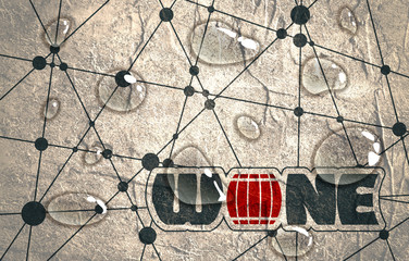 Suitable for poster, promotional leaflet, invitation, banner or magazine cover. Molecule And Communication Background. Concrete texture. Connected lines with dots. Wine text. Transparent water drops.