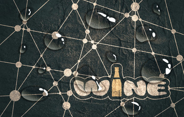 Suitable for poster, promotional leaflet, invitation, banner or magazine cover. Molecule And Communication Background. Concrete texture. Connected lines with dots. Wine text. Transparent water drops.