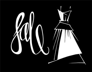 Fashion design vector illustration hand drawn. Woman dress isolated. Dress with Sale on hanger. Lettering.
