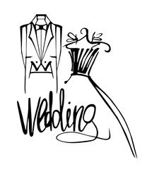 Wedding bride and groom costumes, vector illustration.