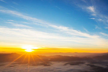 Obraz premium Sunset with sun rays, sky with clouds and sun...