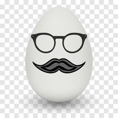 Chicken Egg hipster nerd glasses and stylish mustache with shadow on transparent background. Natural ecological product. Healthy food. Dietary product. Easter symbol. Vector illustration